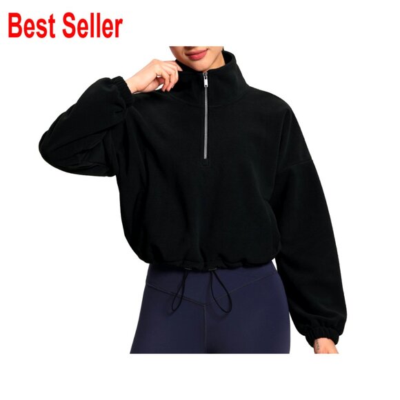 Tops - Half Zip Crop Pullover Sweatshirt Fleece Loose Fit Workout Top with Pockets